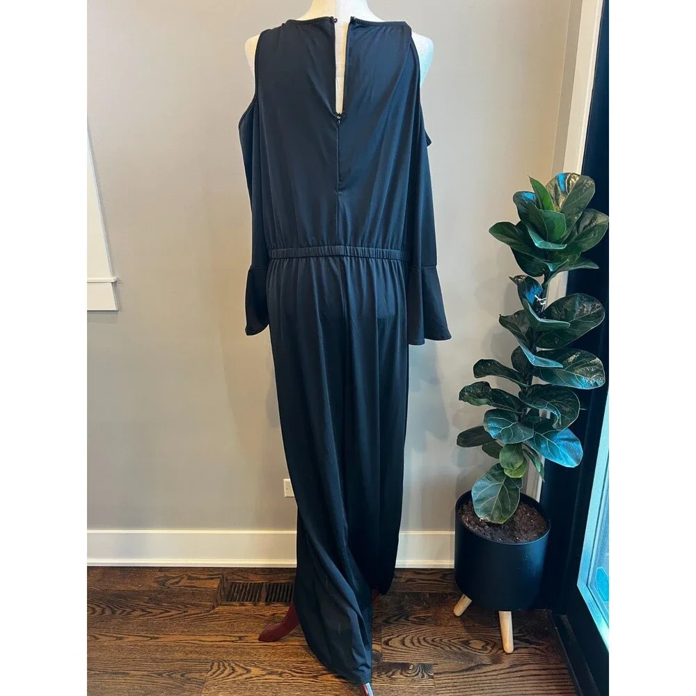 Black Cold Shoulder Bell Sleeve Wide Leg Jumpsuit with Sequin Neckline NEW